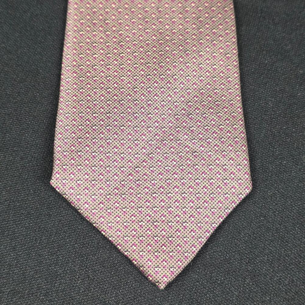 Lucien Piccard Men's Tie Grey Purple Magenta Silk Italian Geometric Pattern